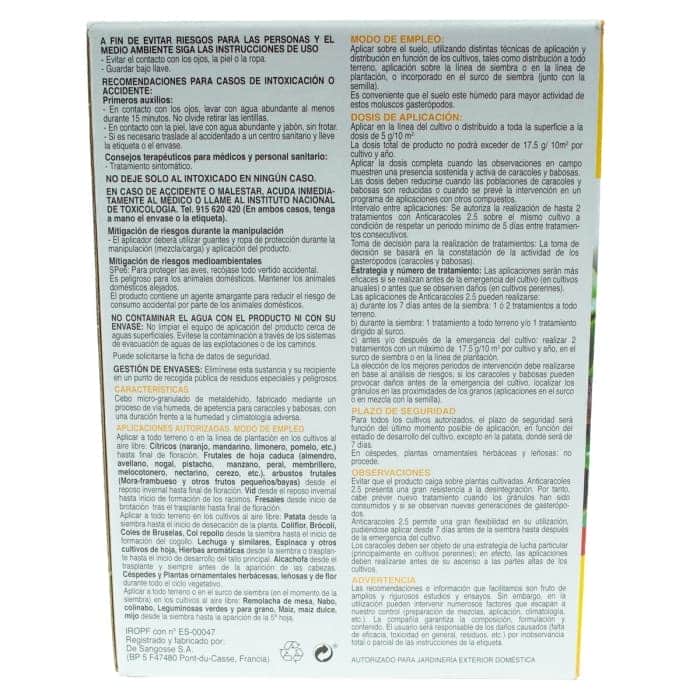 Anti Caracoles y babosas 2.5 de Sipcam parte trasera e información