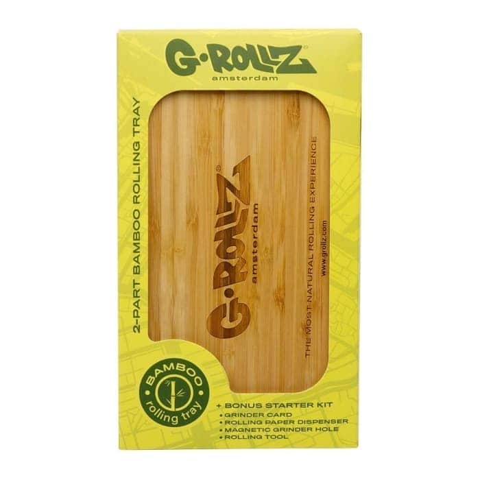Envase de la bandeja de madera (bambú) para liar con multitud de espacios para cada uno de los utensilios
