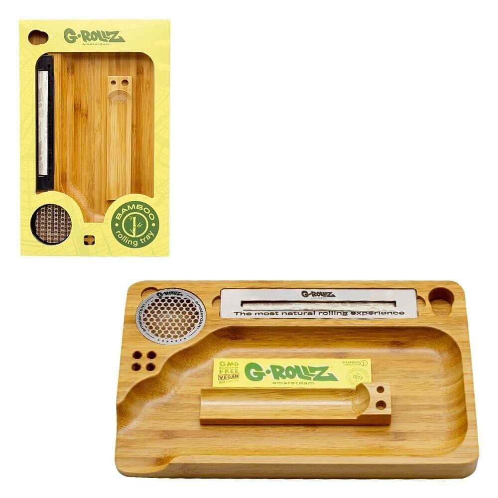 Bandeja de liar de madera de bambú con huecos para los utensilios como el papel, mechero, etc.