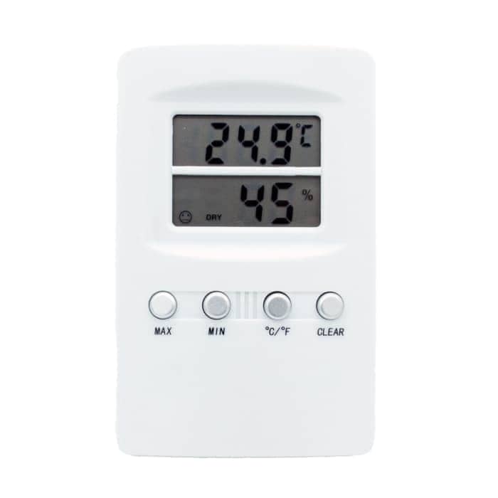 Termohigrómetro digital Spiderlux con registro de temperaturas y humedades máximas y mínimas.