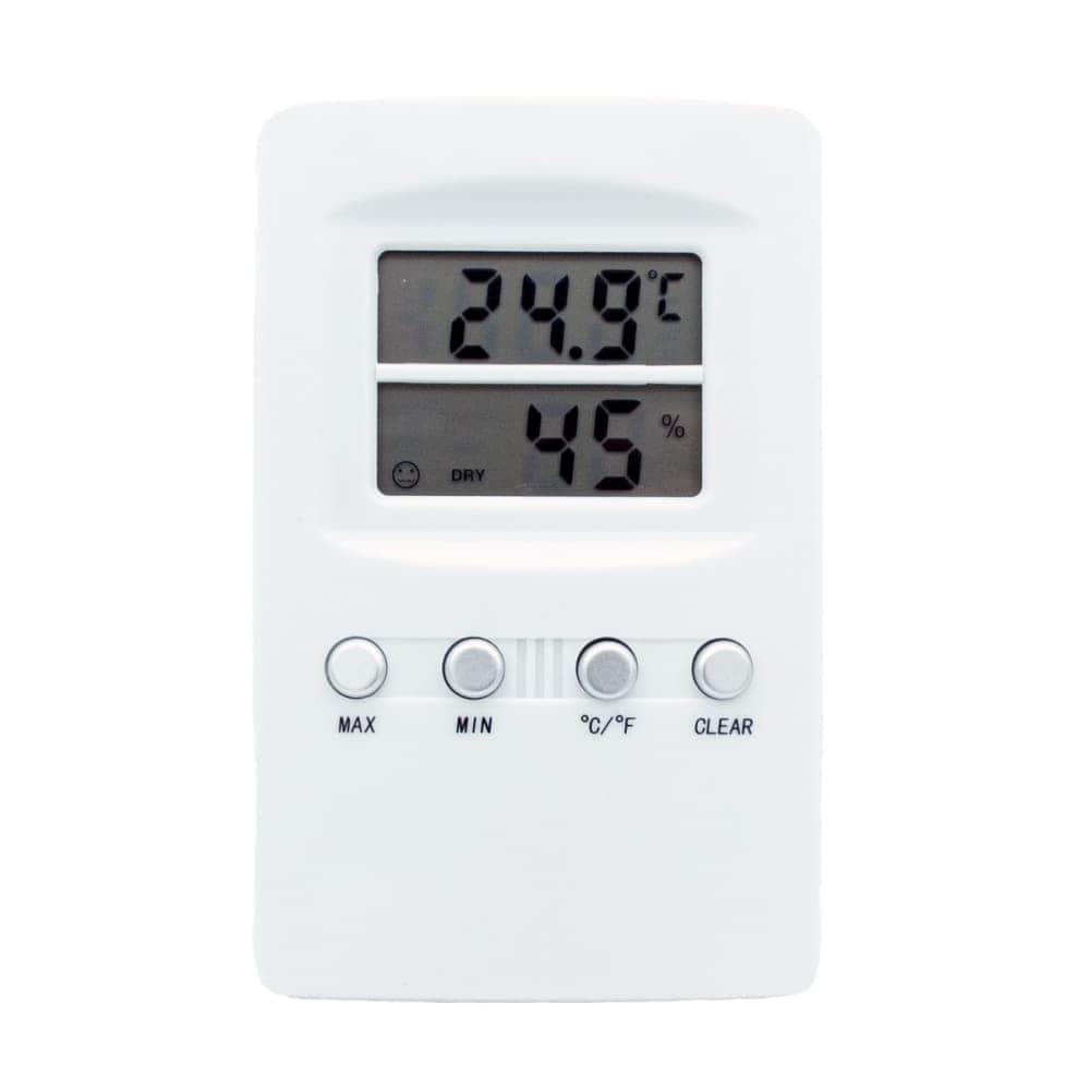 Termohigrómetro digital Spiderlux con registro de temperaturas y humedades máximas y mínimas.