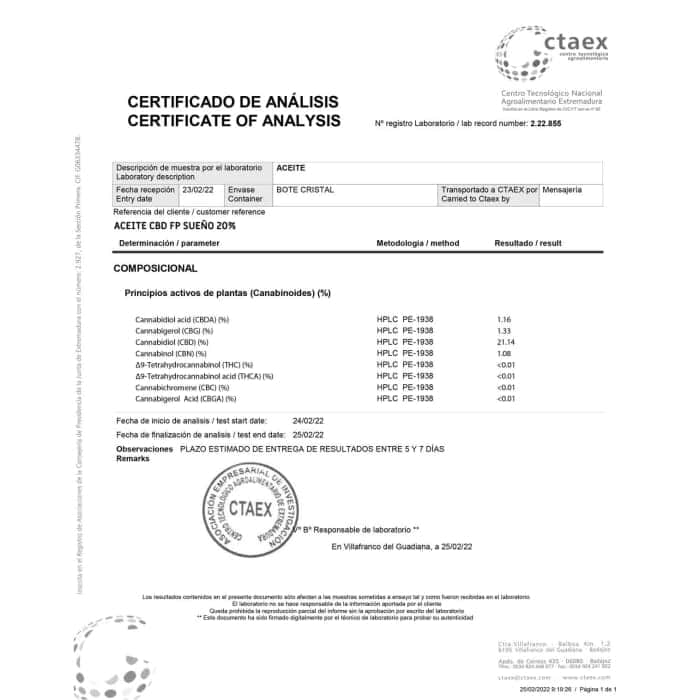 Aceite CBD purificado Full Spectrum especial para conciliar el sueño. Concentración al 20%