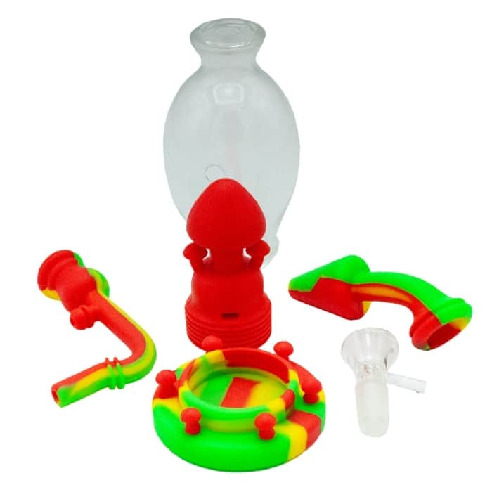BONG SILICONA SETA PARA AGUA CON PERCOLADOR 19,80CM Rojo y verde desmontado.