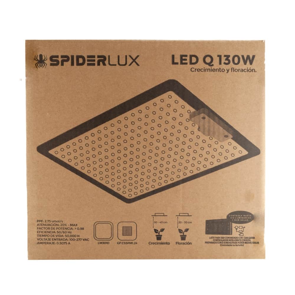 Caja y embalaje del Foco led 130w Spiderlux Modelo Q para cultivo indoor