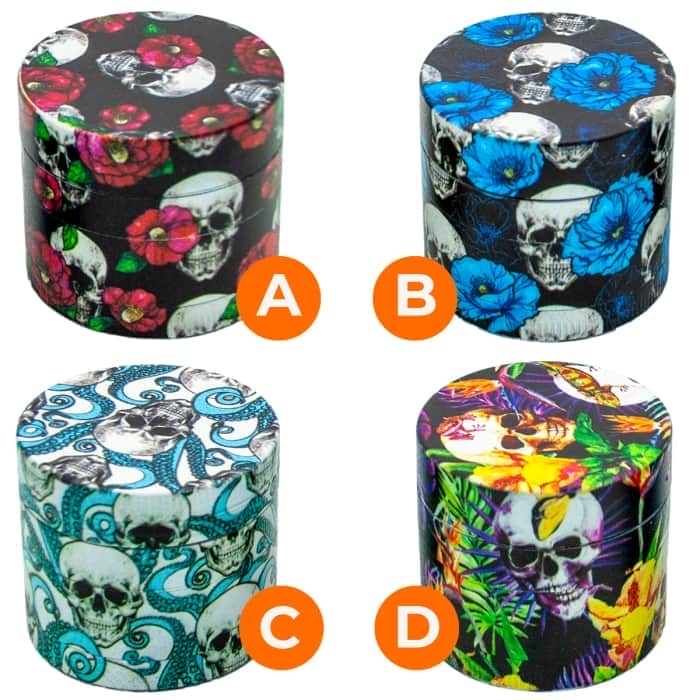Grinder con polinizador y dibujos de calaveras y flores. Varios modelos a elegir
