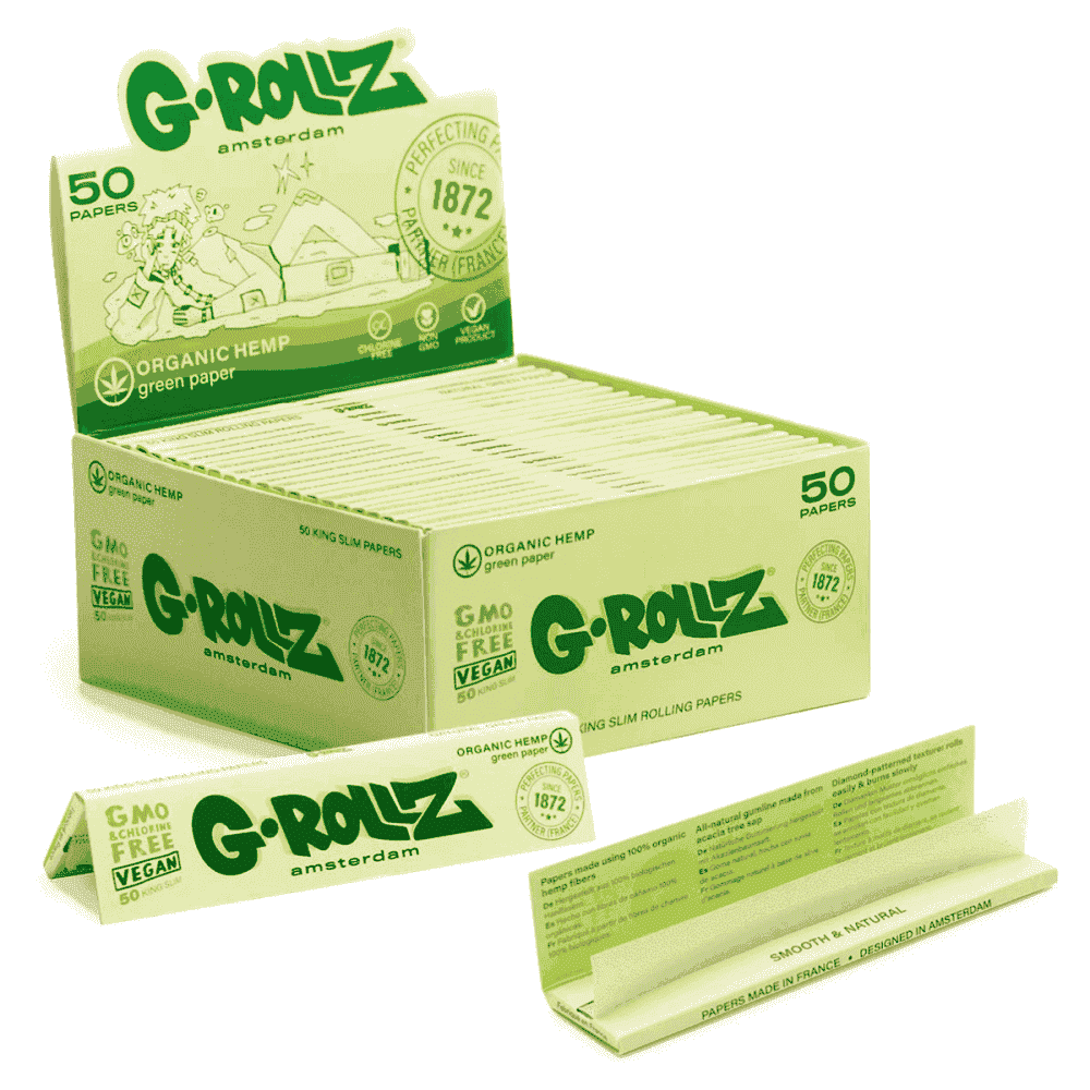 Caja de librillos papel verde G-Rollz abierta