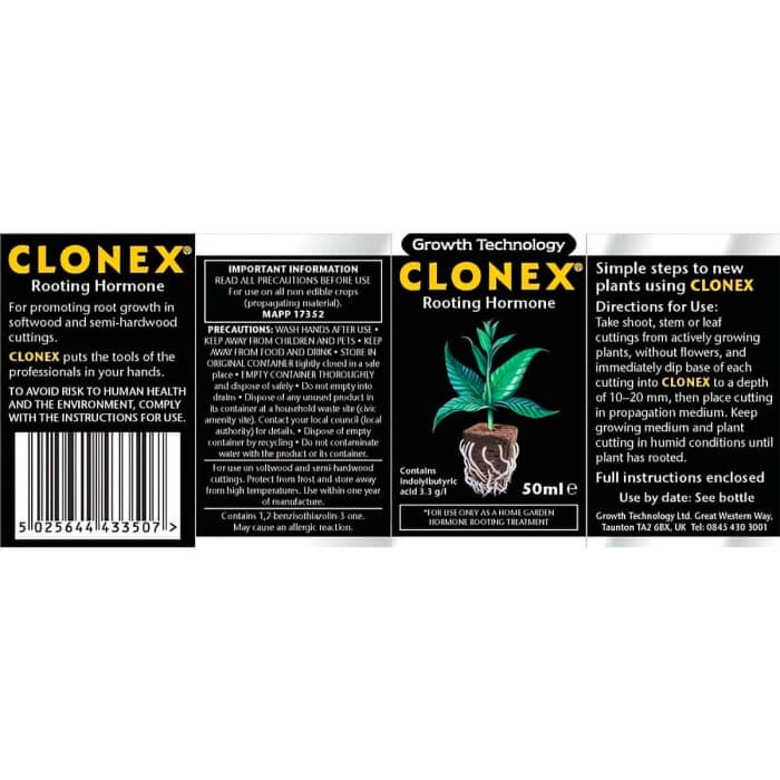 Clonex de Growth Tecnology - Hormonas enraizantes para marihuana etiqueta.