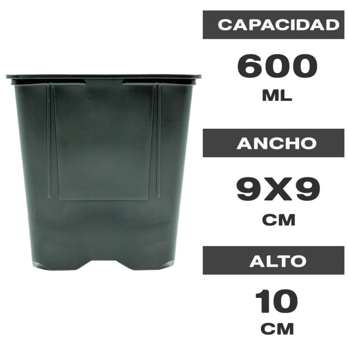 Maceta cuadrada plástico negro 9x9x10 cm y 600ml de capacidad.