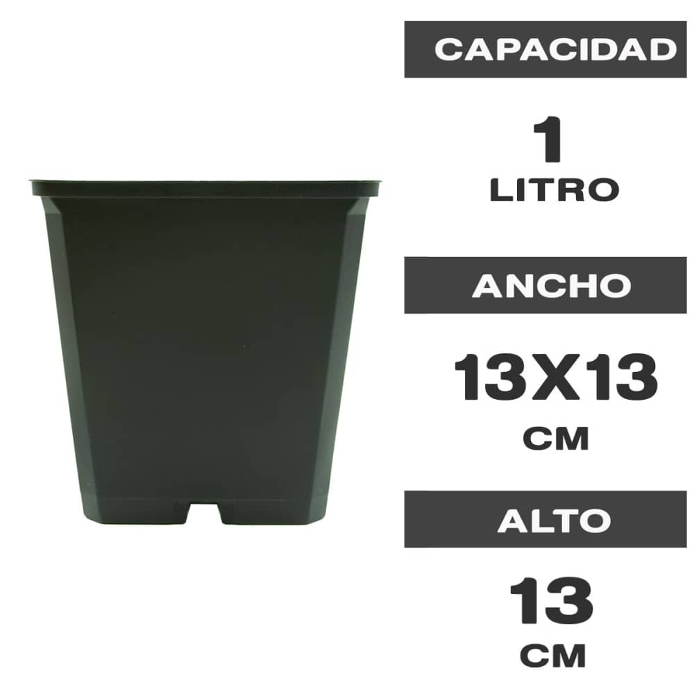 Características de las macetas cuadradas negras de 13x13x13 y 1 Litro de capacidad