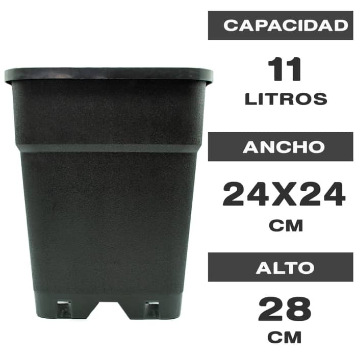 Características de la maceta 11L cuadrada negra reforzada de 24x24x28 cm