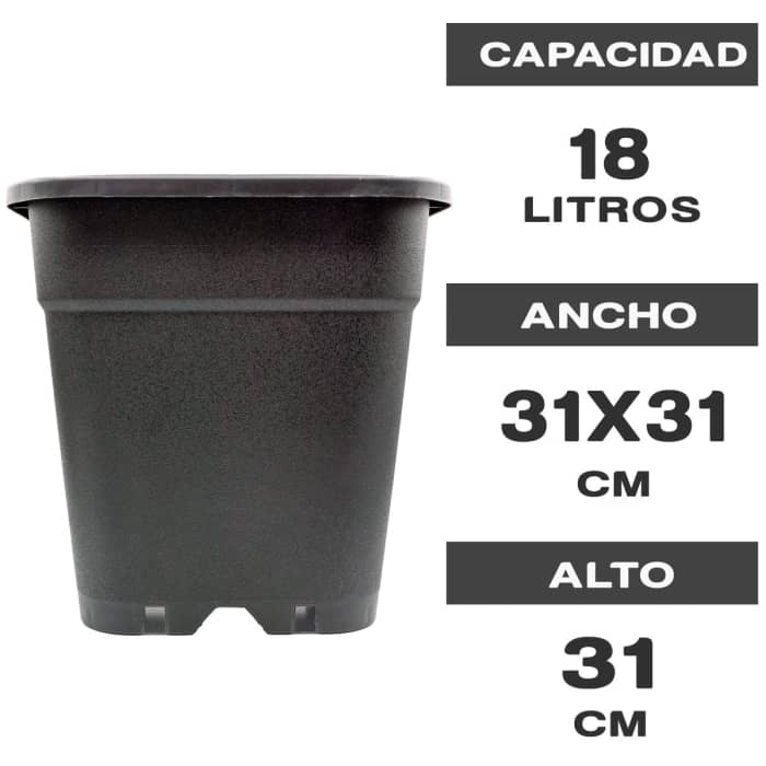 Características Maceta cuadrada reforzada 18L de 31x31x31 cm