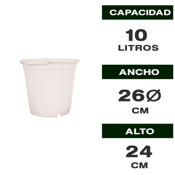 MACETA REDONDA BLANCA SIN ASAS 10L Características.