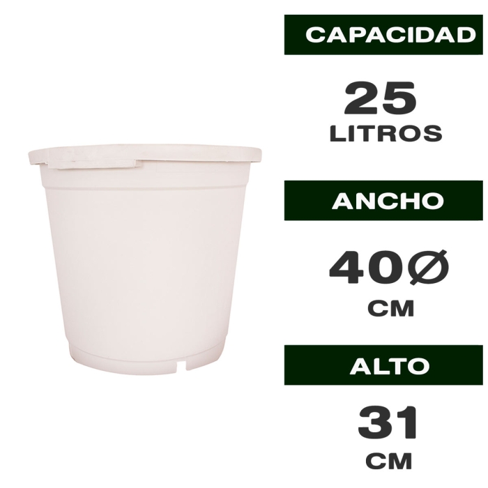 MACETA REDONDA BLANCA SIN ASAS 25L Características.