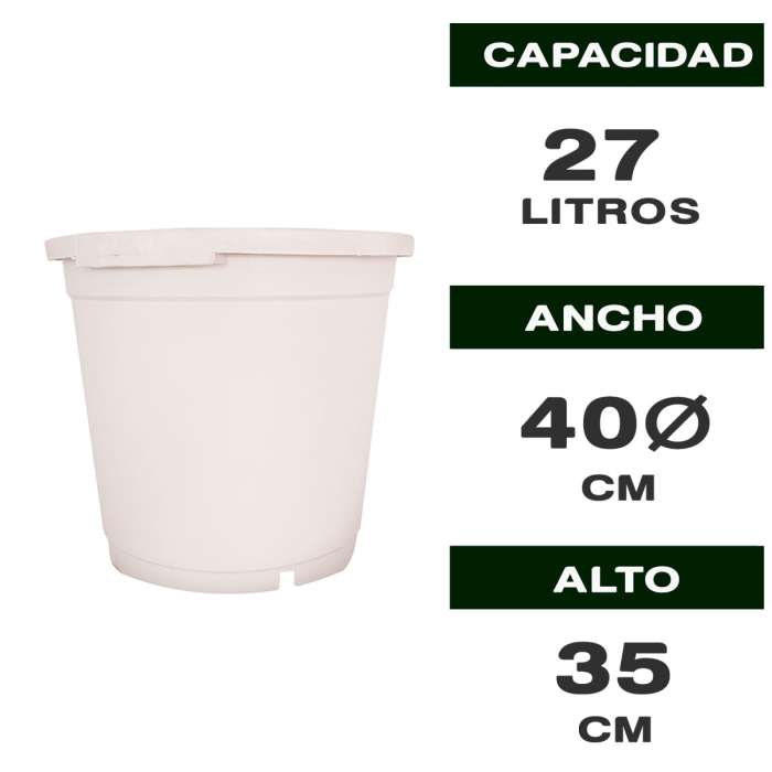 MACETA REDONDA BLANCA SIN ASAS 27L Características.