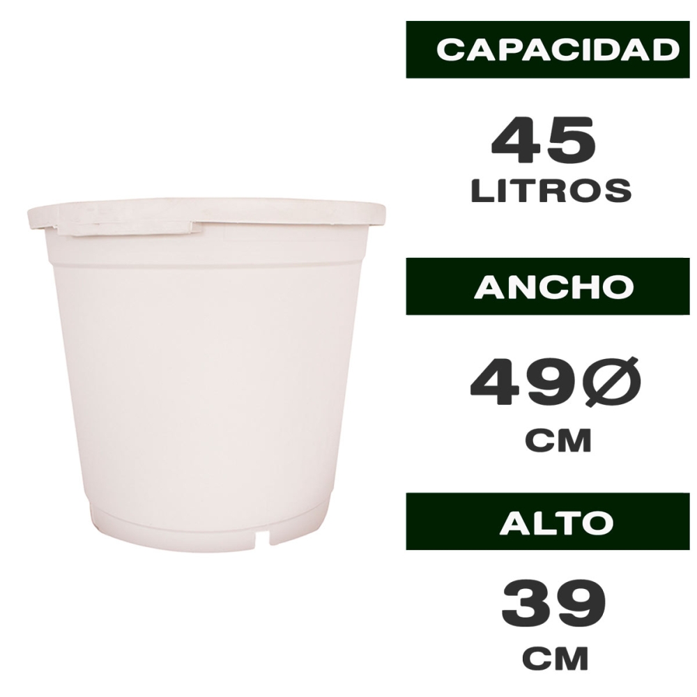 MACETA REDONDA BLANCA SIN ASAS 45L Características.