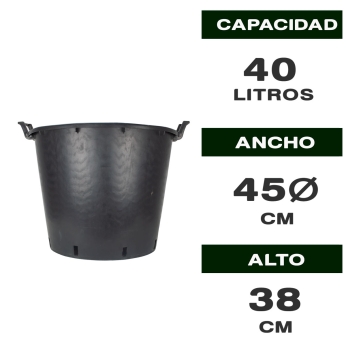 Maceta redonda de plástico de 40L con asas y color negro. Medidas y capacidad