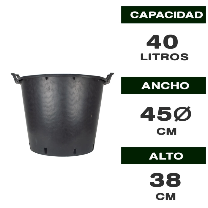 Maceta redonda de plástico de 40L con asas y color negro. Medidas y capacidad