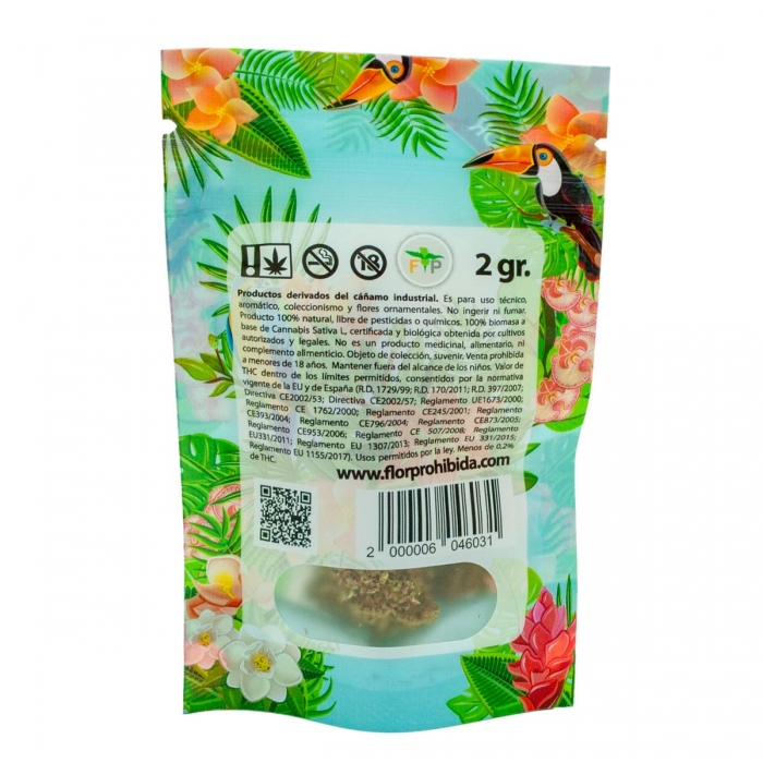 FLORES CBD TROPICANA FP 2g PARTE TRASERA DEL ENVASE
