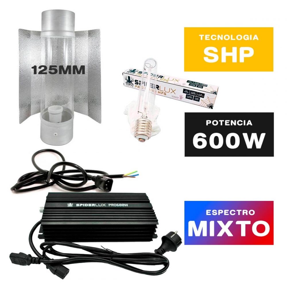 Kit iluminación 600W electrónico Spiderlux + Reflector Cool Tube 125mm + Bombilla Spiderlux 600w + Cables
