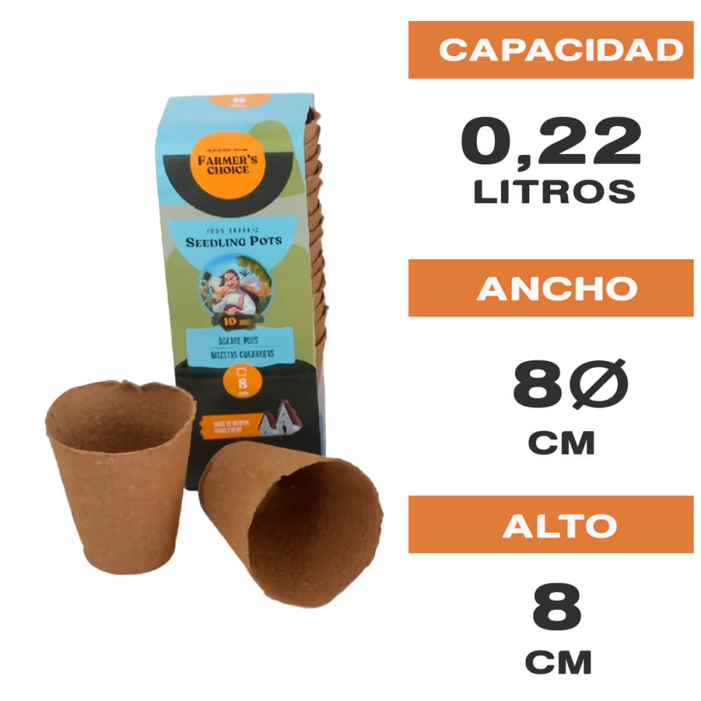 cultivo de marihuana con MACETA REDONDA BIODEGRADABLE SEEDLING POT 8CM (16 UDS) (Farmer's Choice)