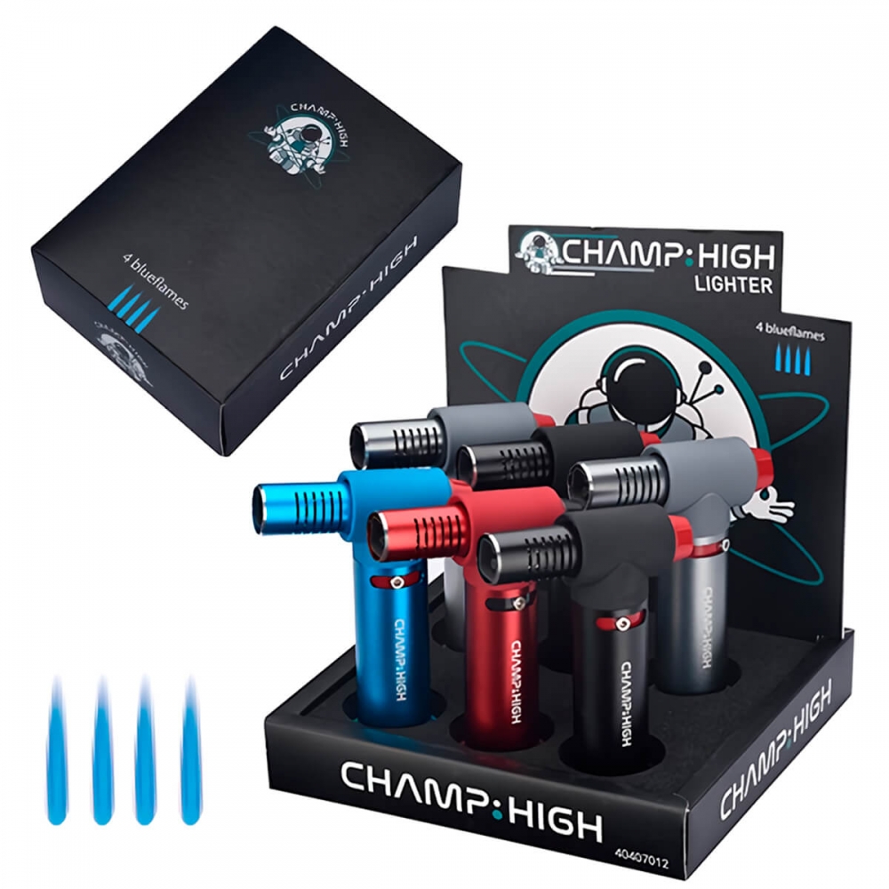 MECHERO 4 BLUE CHAMP HIGH caja con distintos colores.