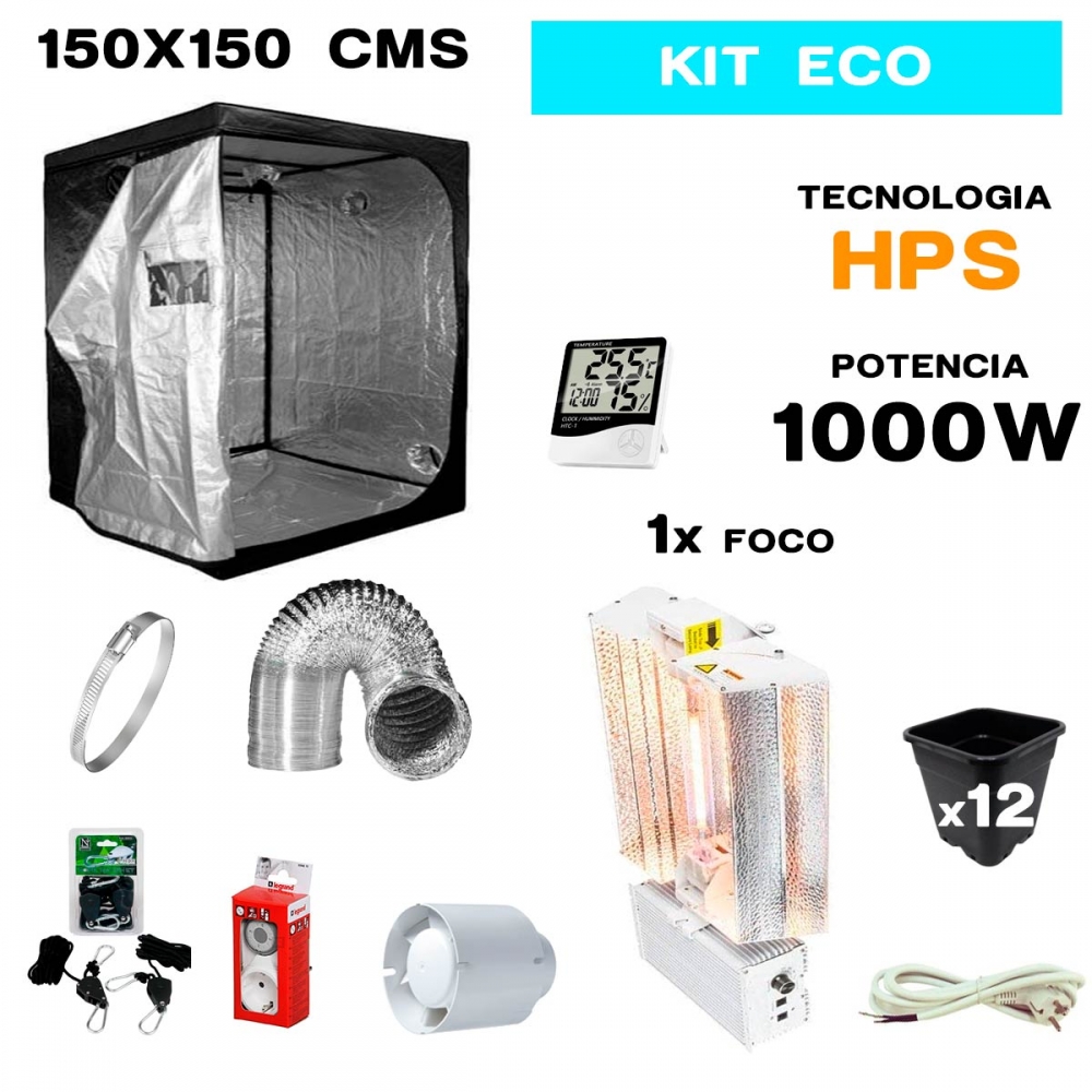 Armario de cultivo interior completo LEC/HPS 1000W Cultibox Open de 150x150x200.