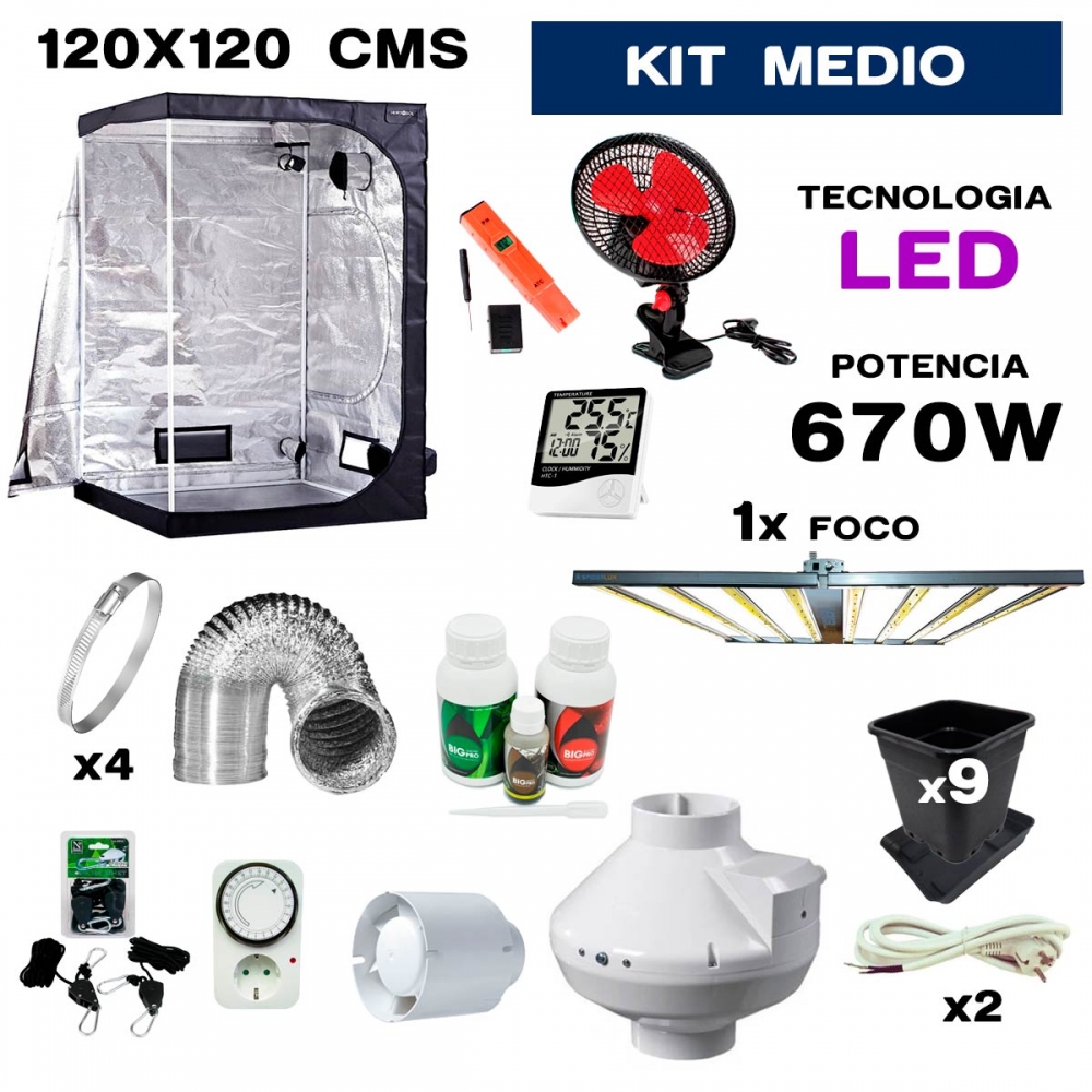 kit de armario led 670w de 120x120 para cultivo medio