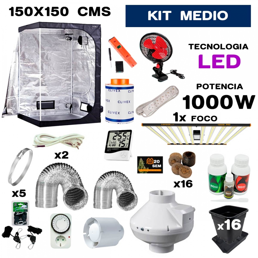 kit de armario led 1000w de 150x150 medio para cultivo