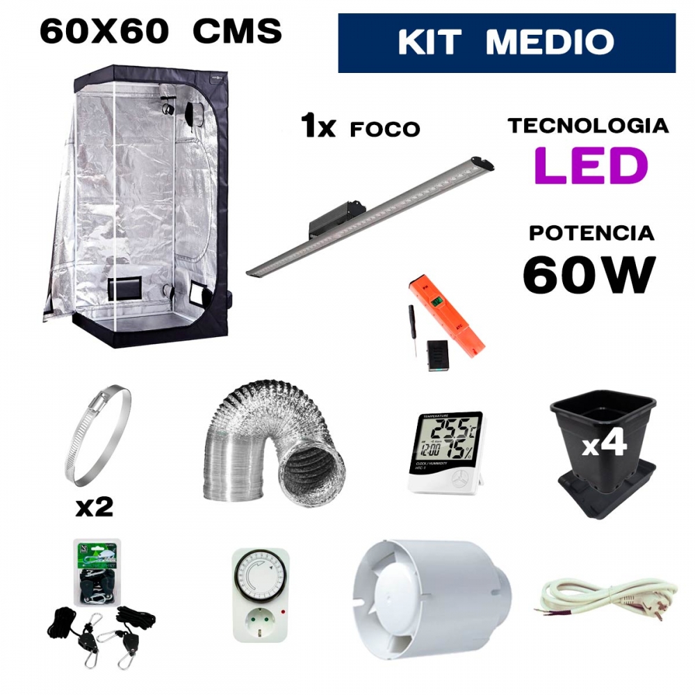 kit de armario led 60w de 60x60 medio para cultivo