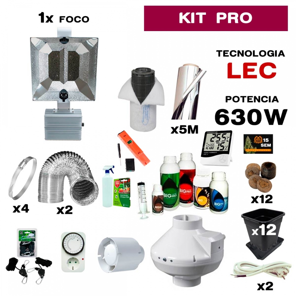 Kit de cultivo interior de 630W LEC Profesional con bombilla D.E.