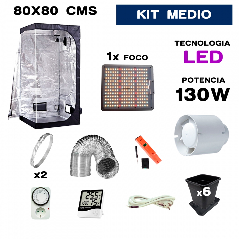 kit de armario led 130w de 80x80 medio para cultivo.