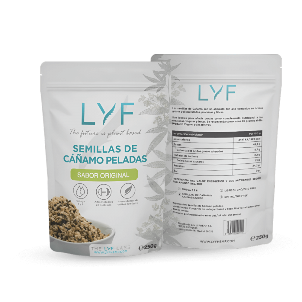 SEMILLAS DE CAÑAMO PELADAS LYF 250G caratula y reverso.