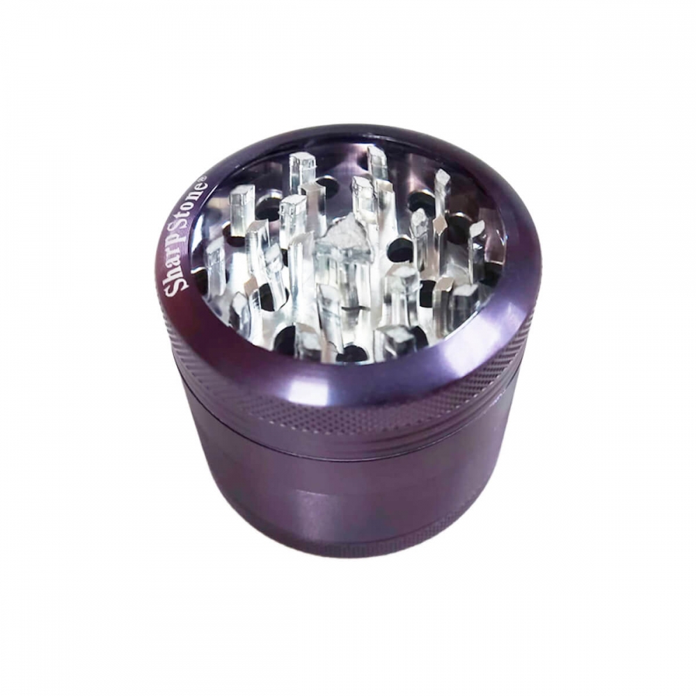 Grinder para marihuana con polinizador y tapa transparente. Color lila.