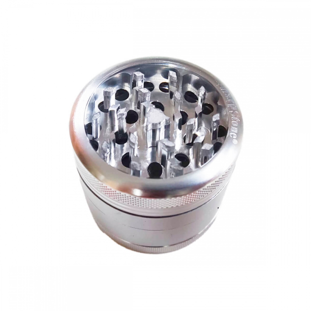 Grinder para marihuana con polinizador y tapa transparente. Color gris.