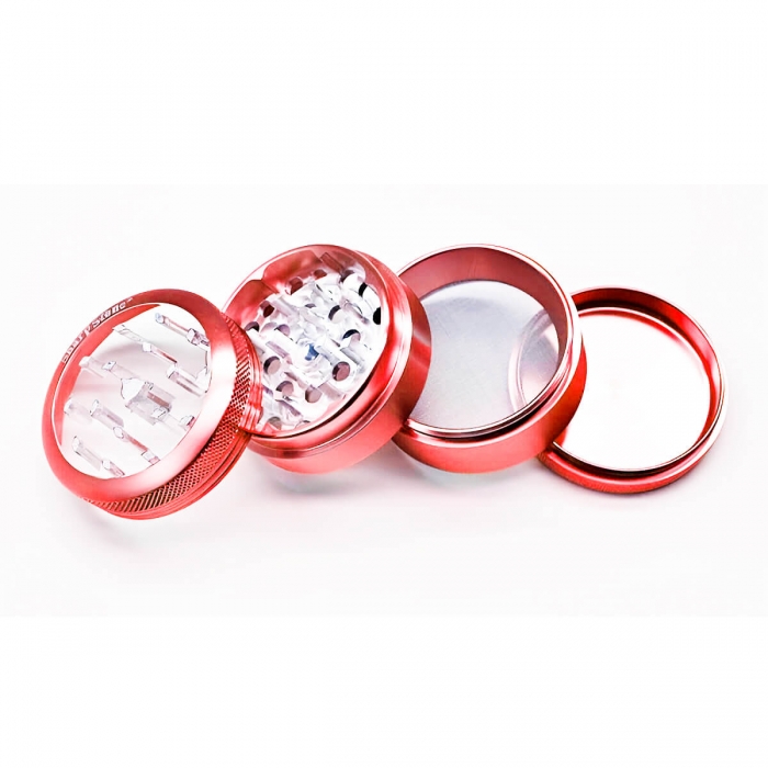 Grinder para marihuana con polinizador y tapa transparente. Abierto.