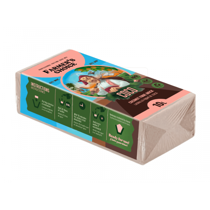 Ladrillo de fibra coco para cultivo de 10L de capacidad y un peso de 650 gramos.