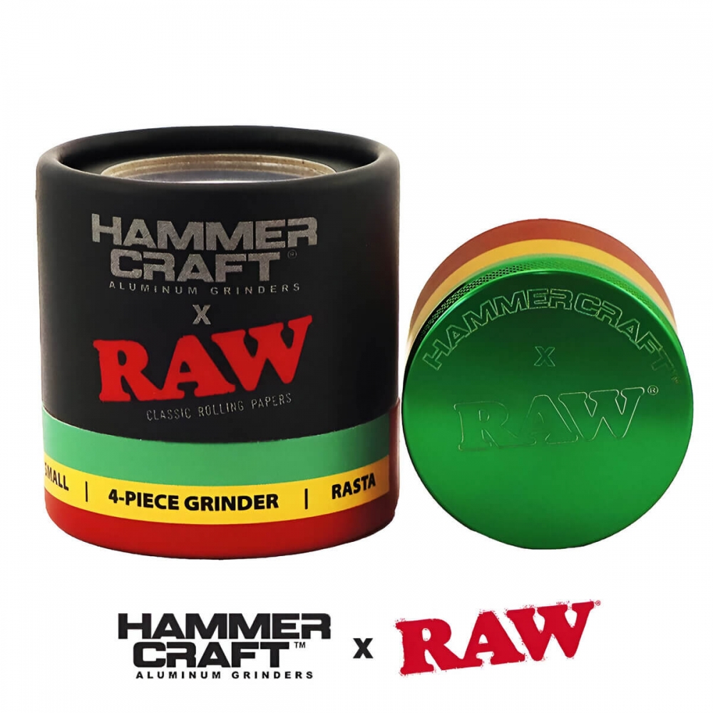 Grinder RAW rasta con polinizador y 4 partes + caja regalo vista frontal.