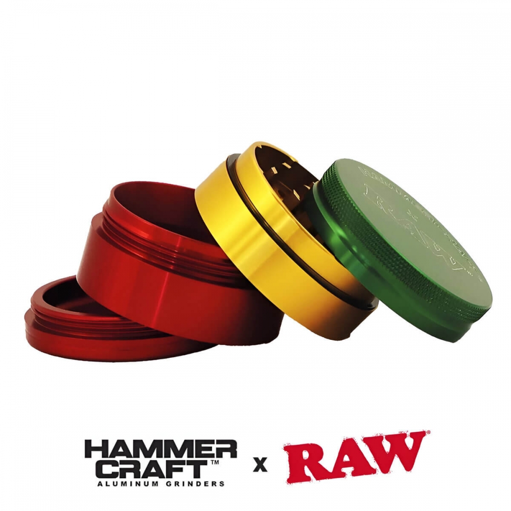 Grinder RAW rasta con polinizador y 4 partes desmontado.