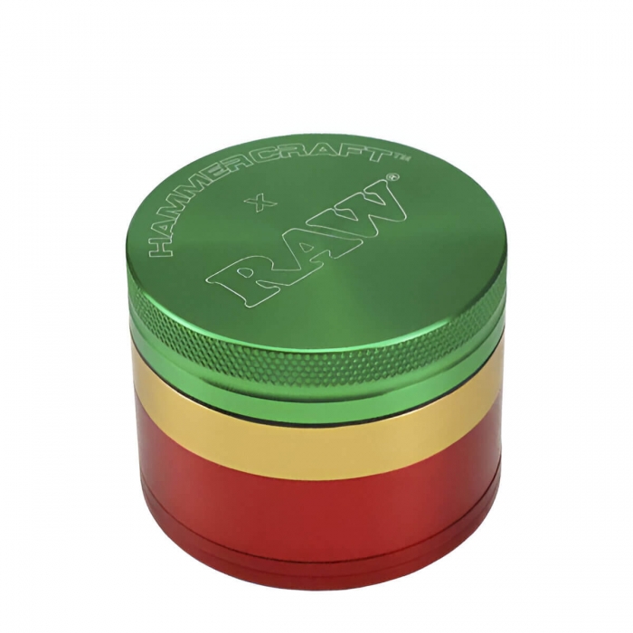 Grinder RAW rasta con polinizador y 4 partes diferentes tamaños.