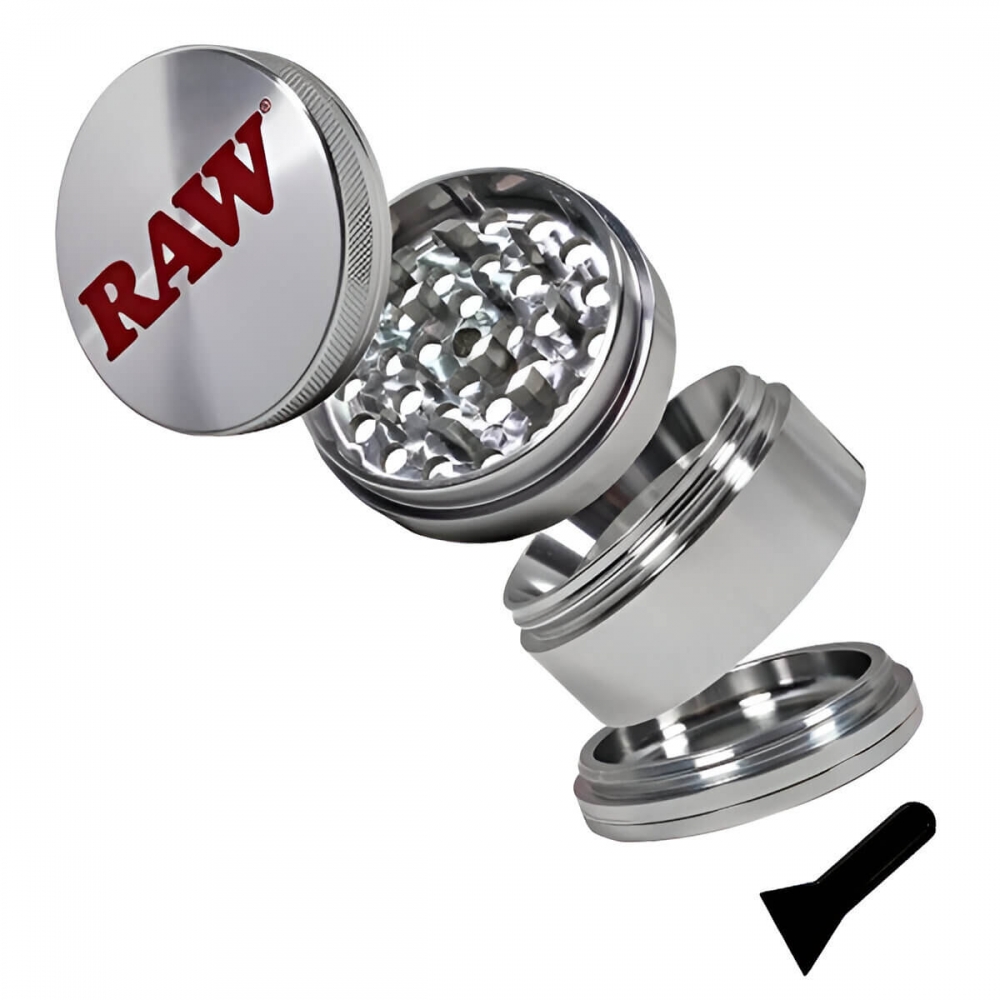 Grinder RAW metal con polinizador y 4 partes desmontado.