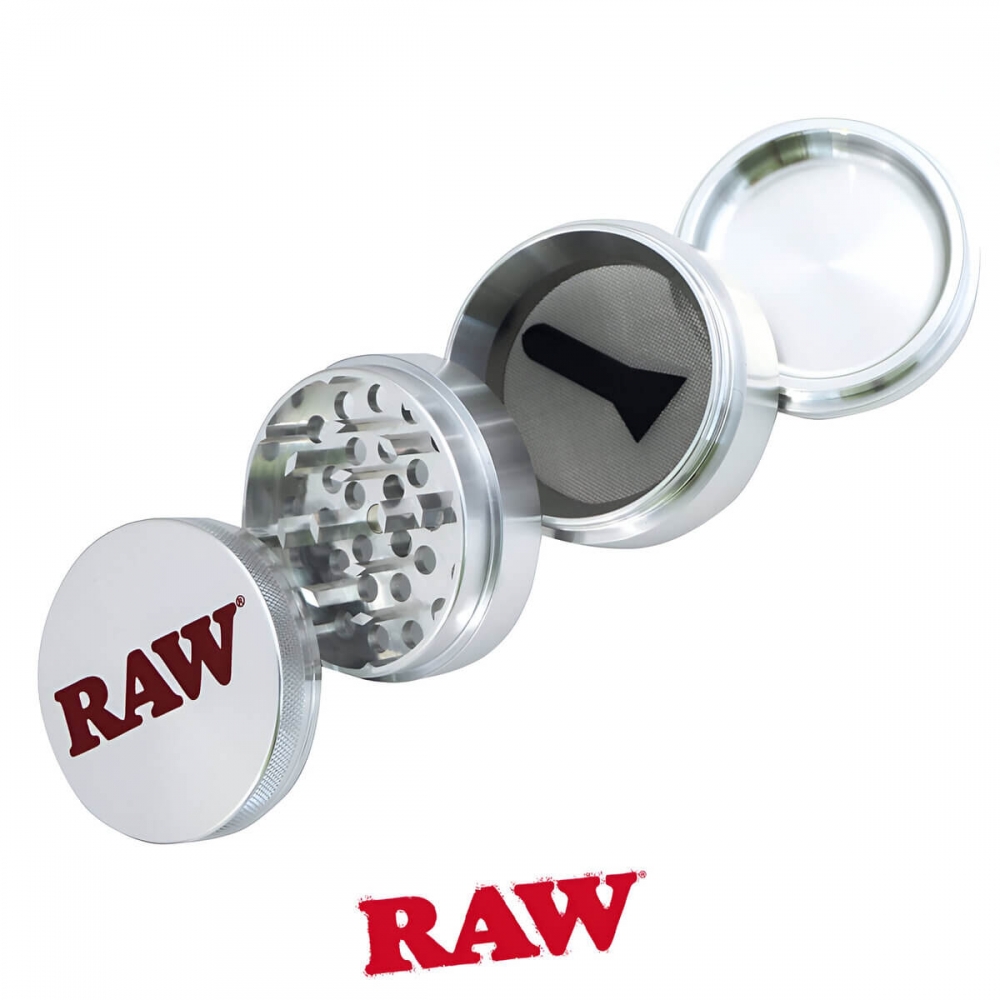 Grinder RAW metal con polinizador y 4 partes desmontado.