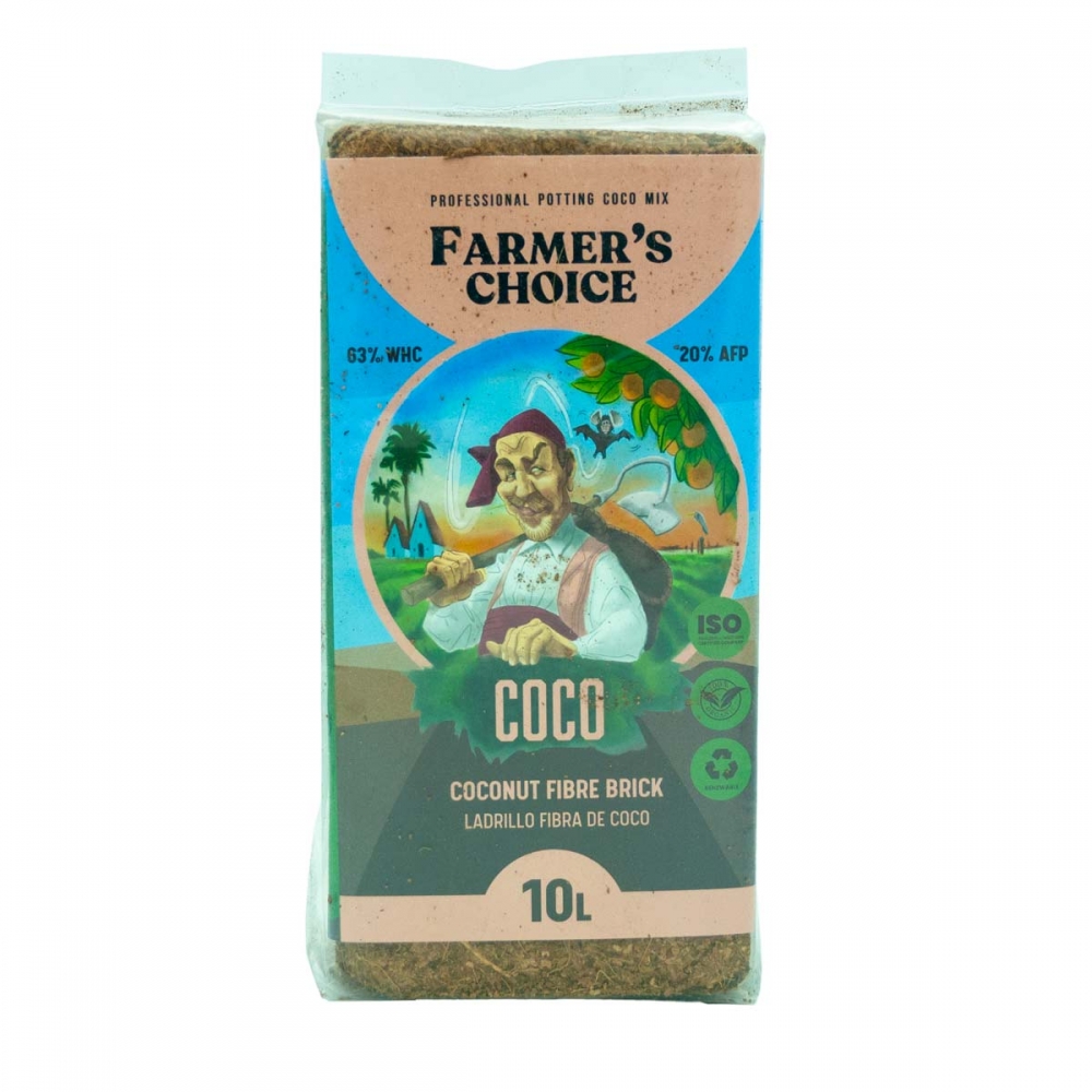 Ladrillo de fibra de coco prensada de 10L  de la marca Farmer's Choice