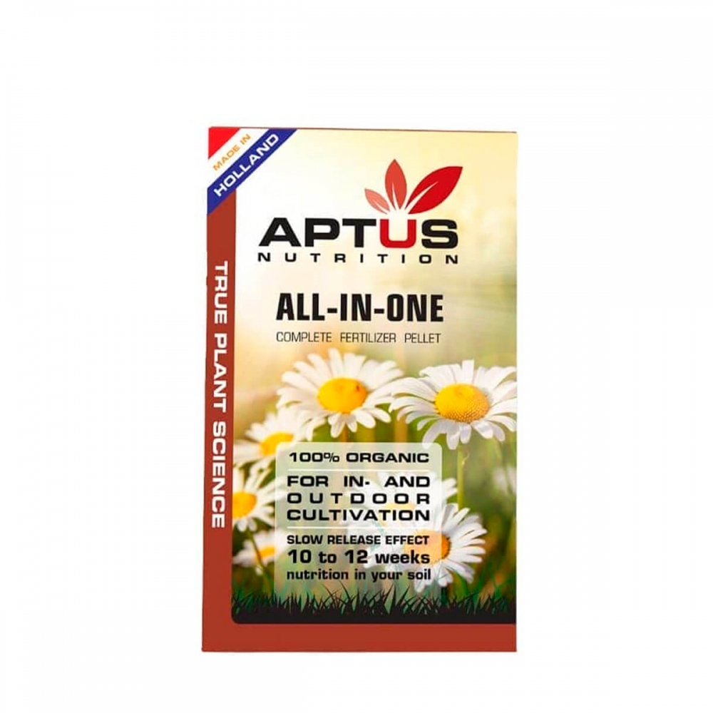 All-in-one pellet de Aptus fertilizante completo, envase de 100g.