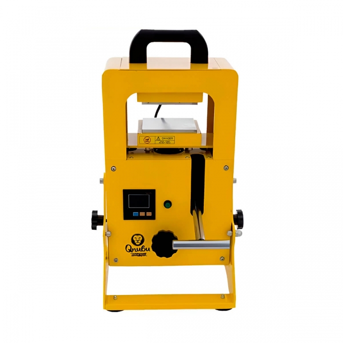 Prensa Qnubu de 10 toneladas con placa de 12x12cm para extracciones Rosin, vista frontal.
