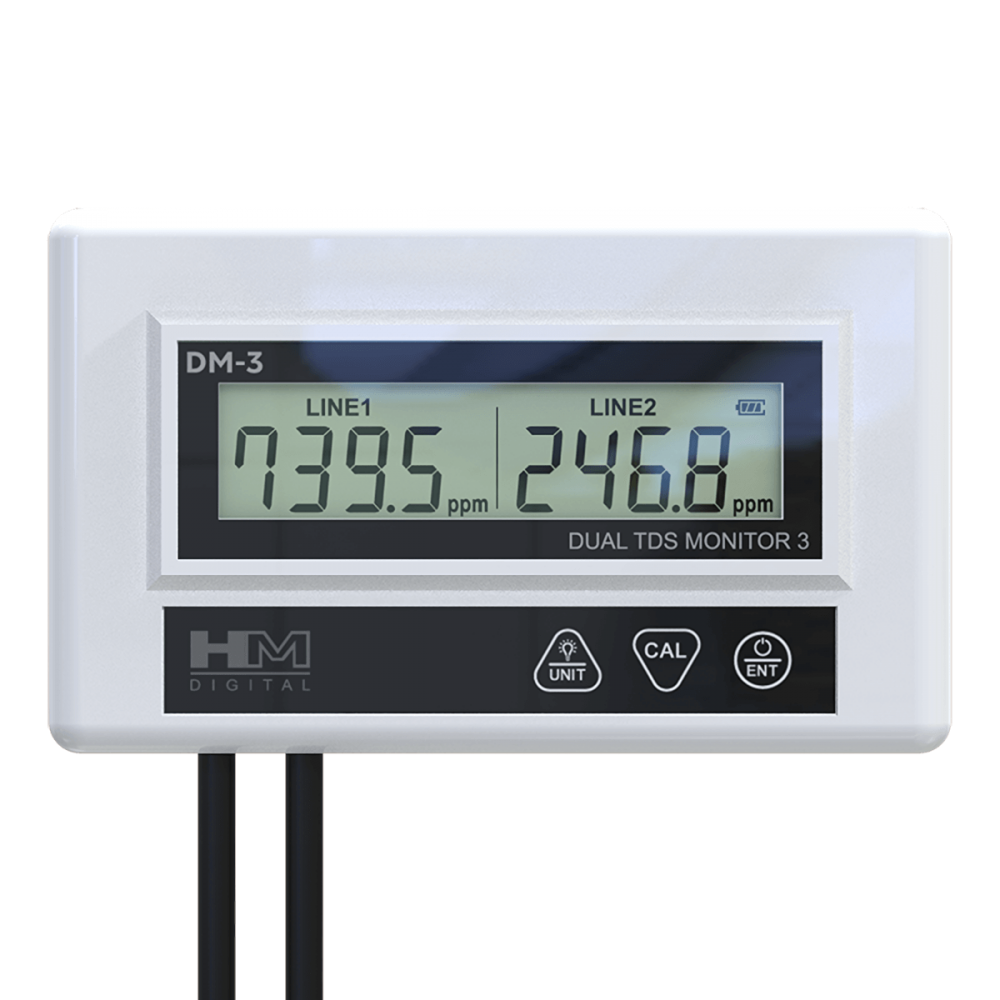 Monitor en línea doble EC/TDS DM3- de HM Digital para controlar la dureza del agua.