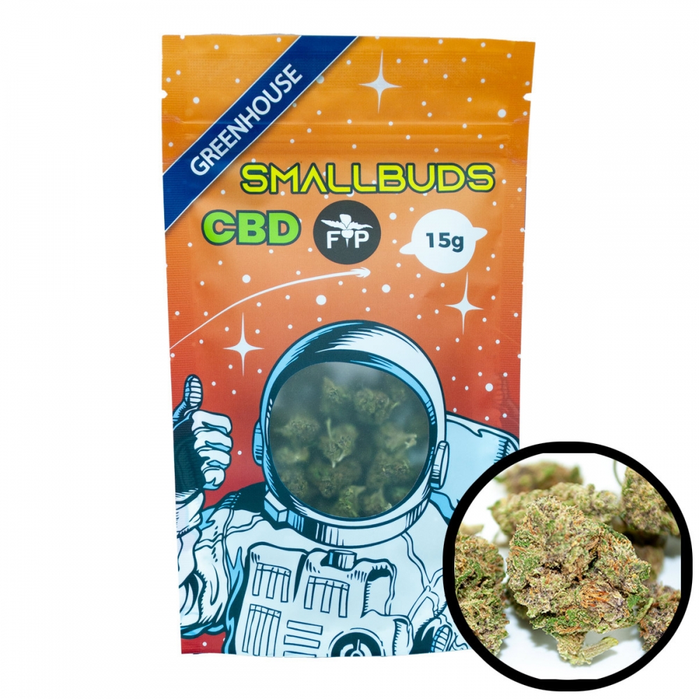 Flores CBD Small Buds Greenhouse envase de 15 gramos con detalle de cogollo.