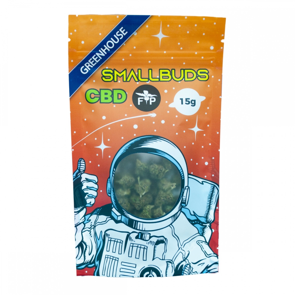 Flores CBD Small Buds Greenhouse envase de 15 gramos, cultivo de invernadero.