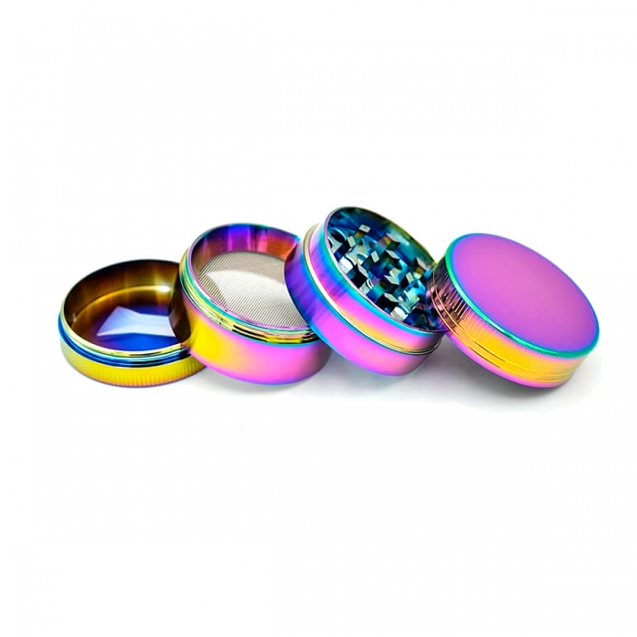 Grinder metálico con polinizador multicolor arcoíris con 4 partes, abierto.