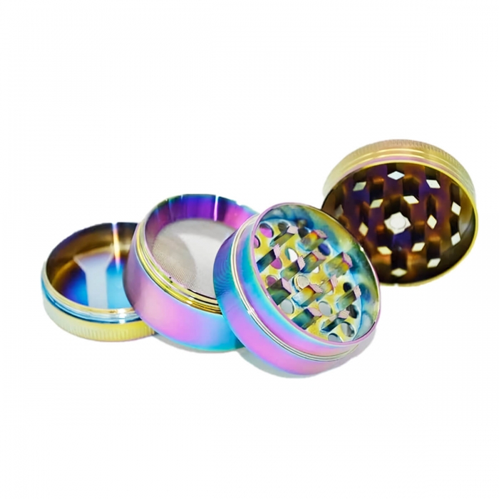 Grinder metálico con polinizador multicolor arcoíris con 4 partes, desmontado.