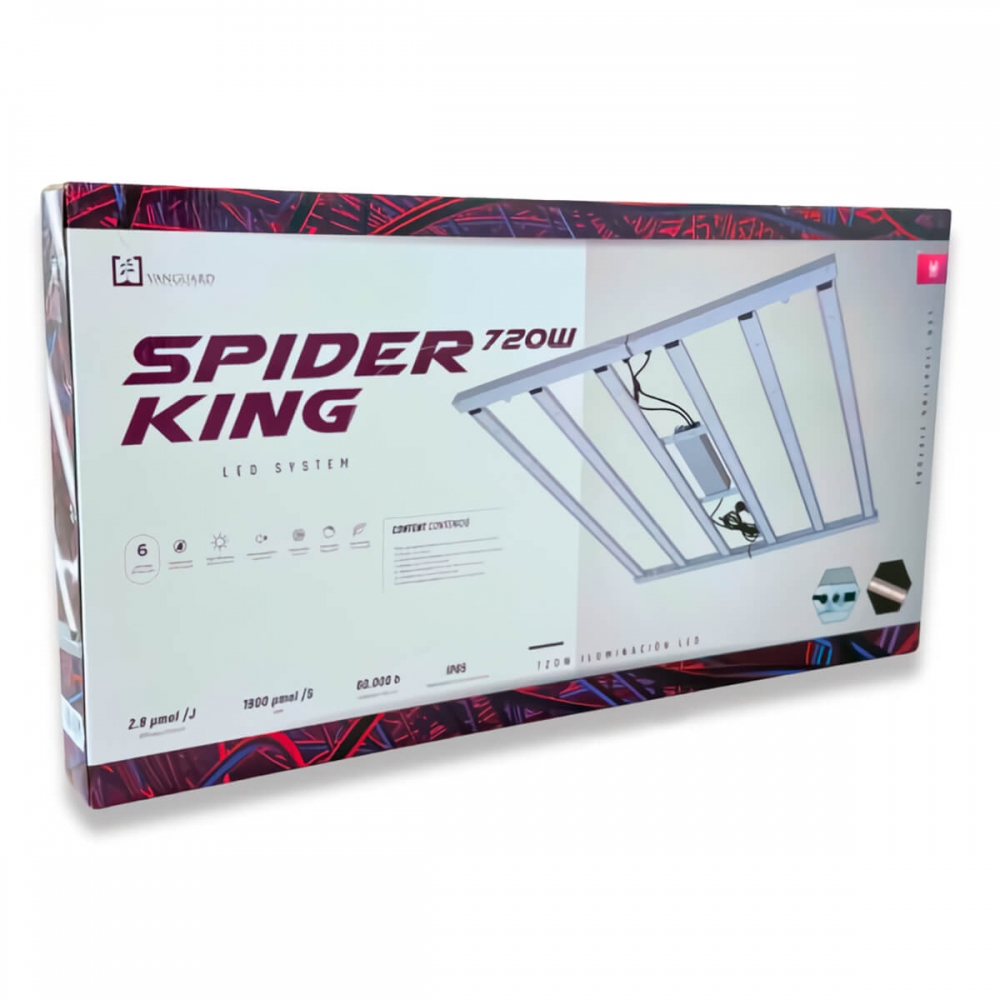 Luminaria LED Spider King 720w de Vanguard Hydroponics para cultivo, caja.